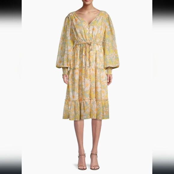 Rachel Parcell Daisy Floral Long Sleeve Chiffon Midi Dress Size XS NEW - Picture 1 of 11